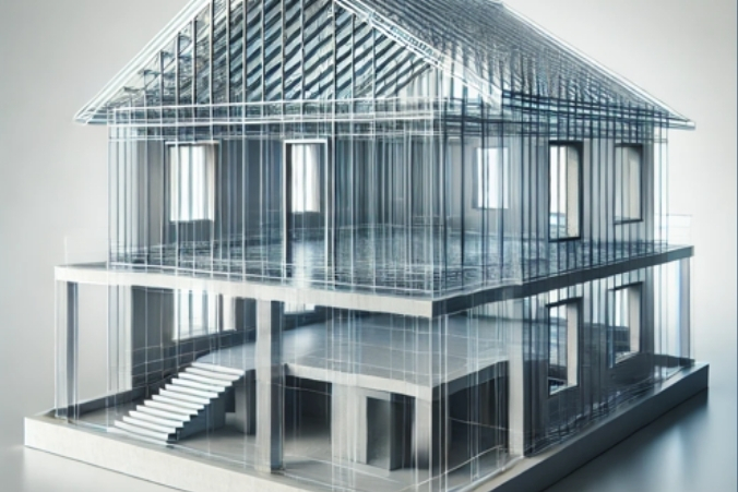 A 3D architectural model of a house with transparent walls and roof, showing the structure’s interior layout, including staircases and open spaces. The model is displayed on a plain, light background.