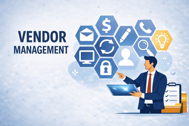 Illustration of a businessperson with a digital tablet, interacting with icons representing vendor management services, such as mail, dollar sign, phone, gears, lock, and checklist, with the text "Vendor Management.