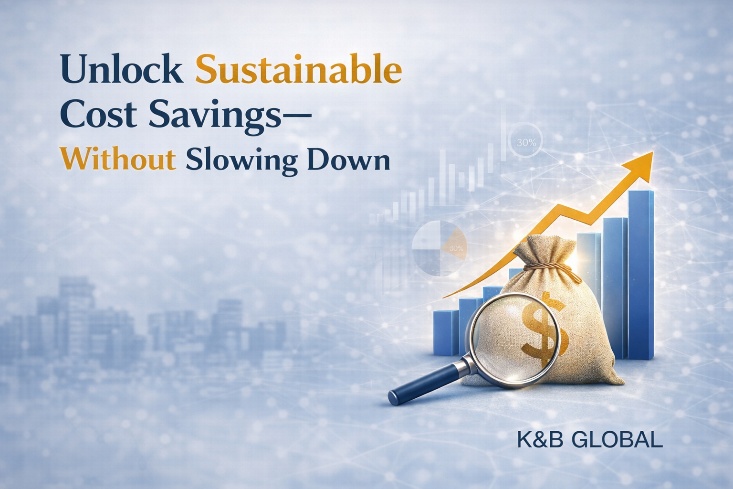 A promotional graphic with the text "Unlock Sustainable Cost Savings—Without Slowing Down." It features a magnifying glass, a money bag, blue bar graphs, and an upward arrow; K&B Global is printed at the bottom right.
