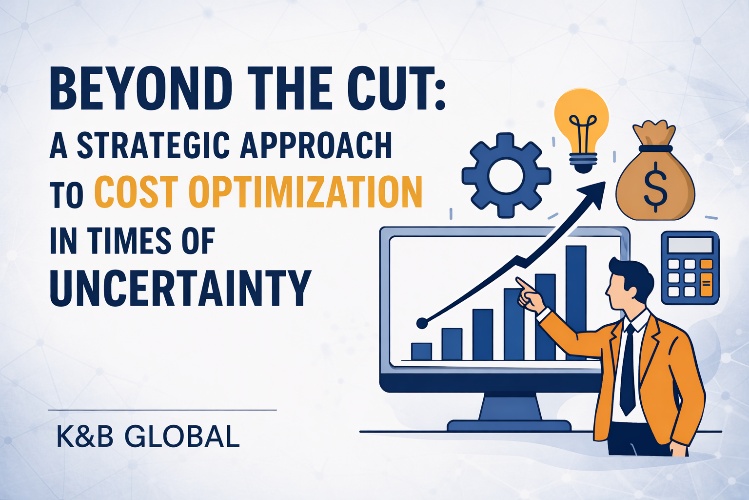 A business professional points to a rising bar graph on a computer screen, surrounded by icons of a gear, lightbulb, money bag, and calculator. Text reads: "Beyond the Cut: A Strategic Approach to Cost Optimization in Times of Uncertainty.