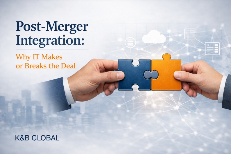 Two hands each hold a puzzle piece, connecting them together. The text reads: "Post-Merger Integration: Why IT Makes or Breaks the Deal." The background shows digital icons and a cityscape. K&B Global is written below.