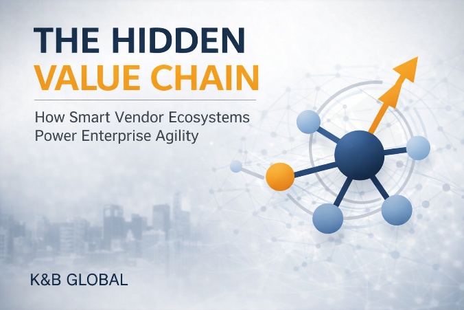 Business-themed graphic with the title "The Hidden Value Chain" and subtitle "How Smart Vendor Ecosystems Power Enterprise Agility." Features a network diagram with an upward arrow. K&B Global logo at the bottom.