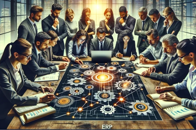 A group of business professionals in formal attire gathers around a large table displaying a digital interface with interconnected gears and technology icons, symbolizing teamwork and enterprise resource planning.
