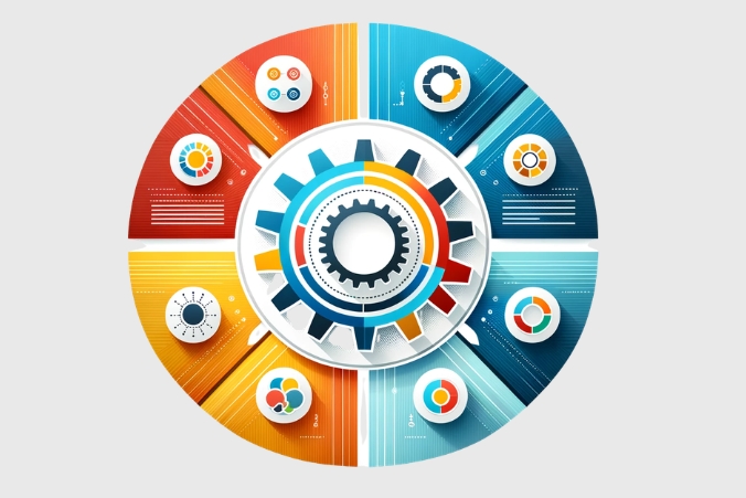 A circular infographic with a central gear icon, surrounded by colorful segmented sections, each with smaller icons and graphs, representing different categories or processes on a light gray background.