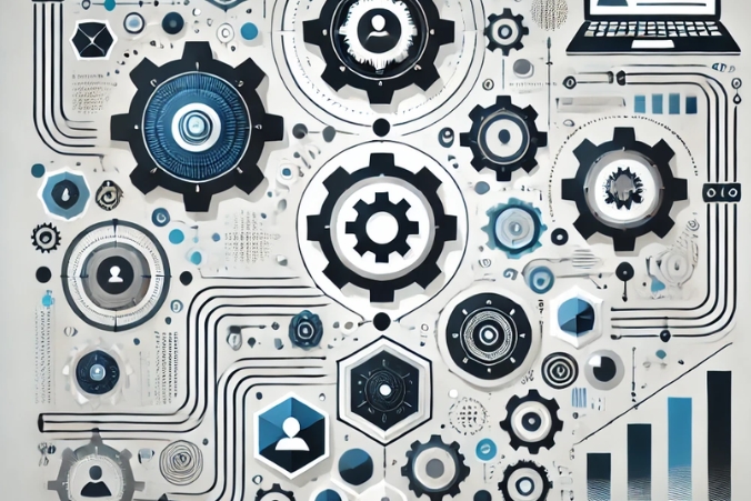 Illustration of interconnected gears, icons, and circuit lines symbolizing networking and digital technology, with a laptop, bar graph, and various abstract user avatars integrated into the design.