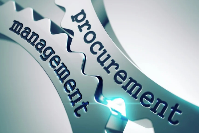 Procurement Management Concept on the Mechanism of Shiny Metal Gears. Close-up of two interlocking metallic gears, one labeled "management" and the other "procurement," symbolizing the connection and collaboration between management and procurement processes.